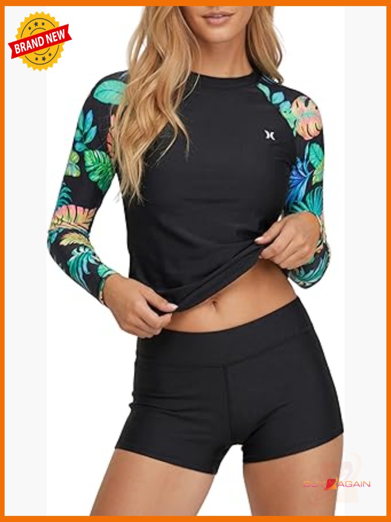 Womens Long Sleeve Rash Guard & Swim Shorts Set Upf 50+ Quick Dry